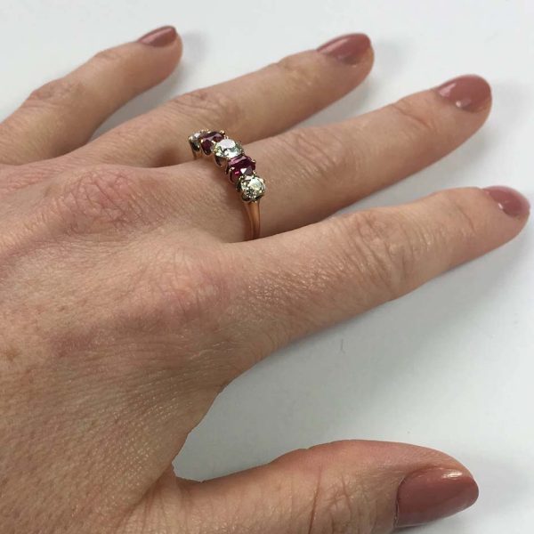 Edwardian Antique Burma Ruby and Old Cut Diamond Five Stone Engagement Ring