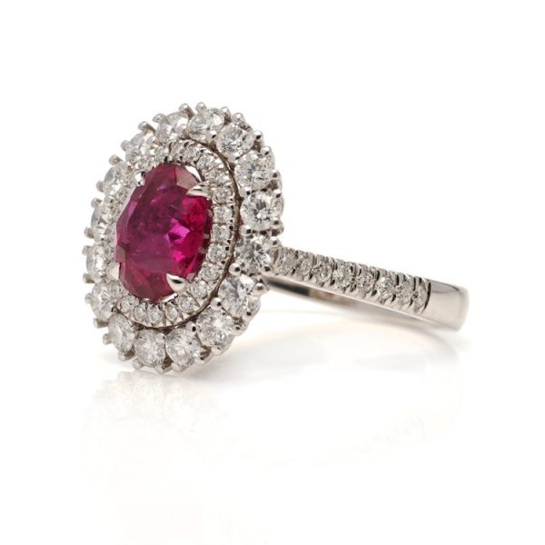 Certified 2.33ct Natural Burma Ruby and Double Diamond Cluster Ring