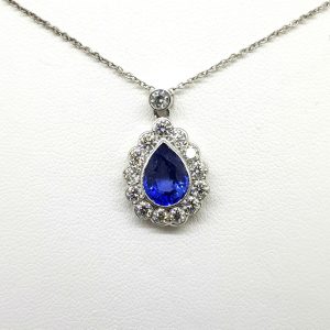 2.10ct Pear Cut Sapphire and Diamond Cluster Pendant with Chain