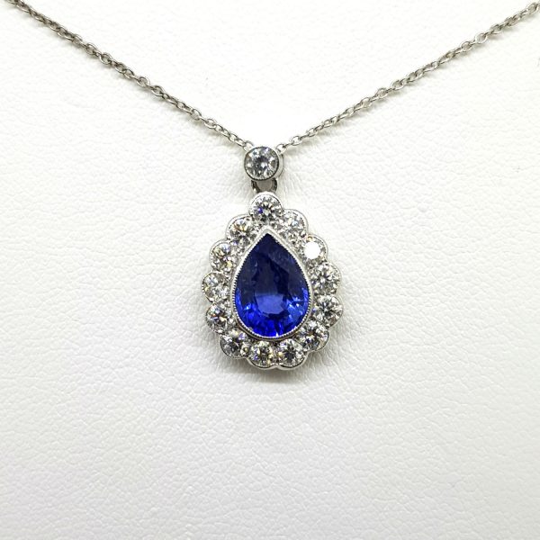 2.10ct Pear Cut Sapphire and Diamond Cluster Pendant with Chain