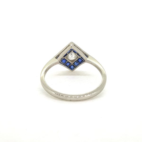 Contemporary Sapphire and Old Cut Diamond Cluster Ring in Platinum