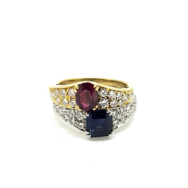 Sapphire, Ruby and Diamond Two Tone Gold Ring