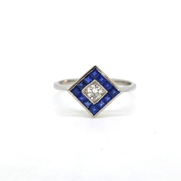 Contemporary Sapphire and Old Cut Diamond Cluster Ring in Platinum