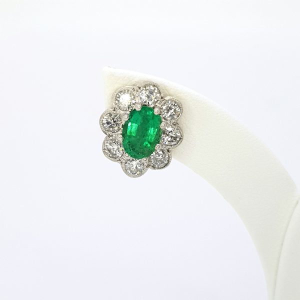 1.50ct Emerald and Diamond Oval Cluster Stud Earrings