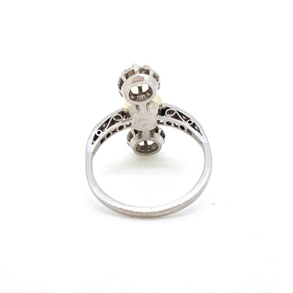 Art Deco Natural Pearl and Diamond Three Stone Ring in Platinum