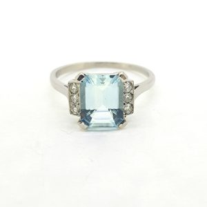 2ct Emerald Cut Aquamarine and Diamond Dress Ring