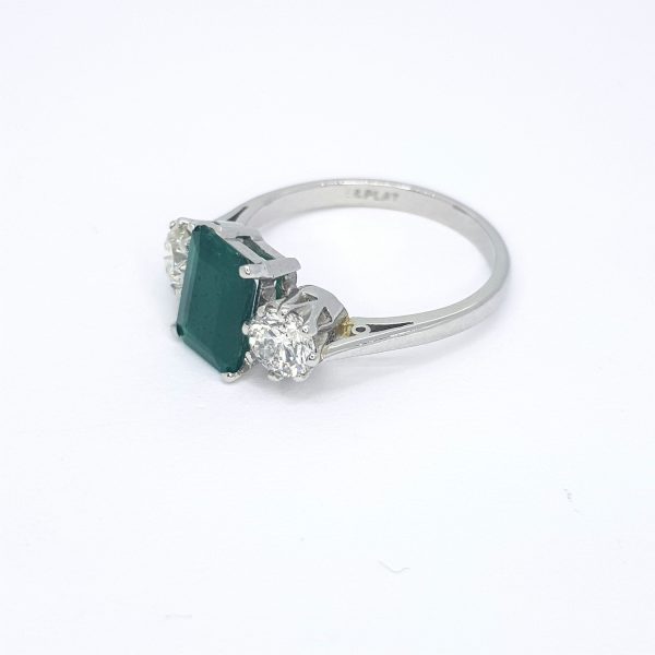 Emerald Cut Emerald and Diamond Three Stone Ring