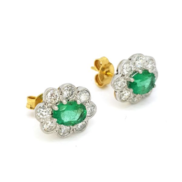 1.50ct Emerald and Diamond Oval Cluster Stud Earrings