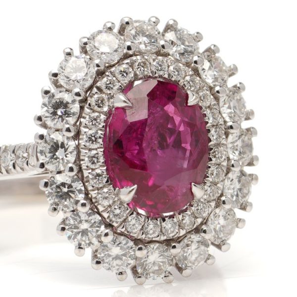 Certified 2.33ct Natural Burma Ruby and Double Diamond Cluster Ring