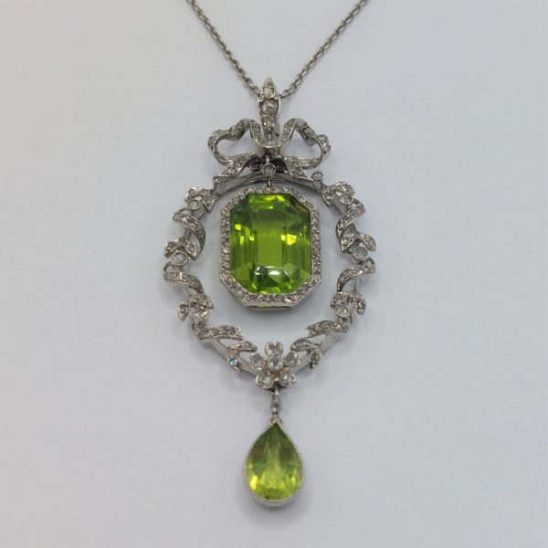 Antique Belle Epoque Peridot and Diamond Pendant Necklace
