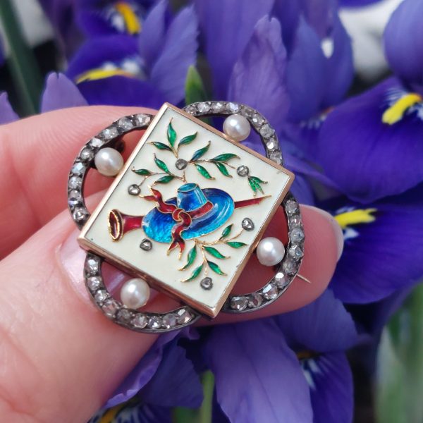Antique Falize Enamel and Diamond Brooch