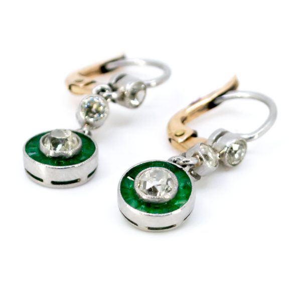 Art Deco Style 1.10ct Old Mine Cut Diamond and Emerald Drop Earrings