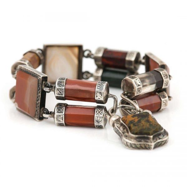 Antique Victorian Scottish Silver and Banded Agate Padlock Bracelet Circa 1870