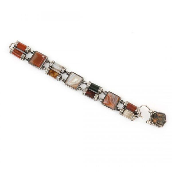 Antique Victorian Scottish Silver and Banded Agate Padlock Bracelet Circa 1870