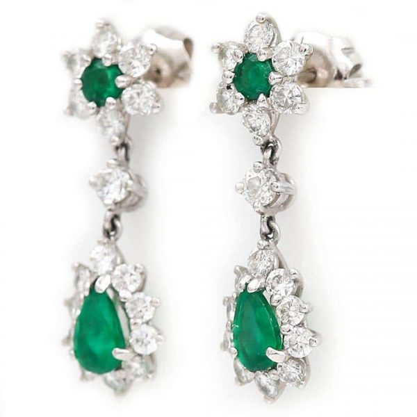 Vintage 18ct White Gold Emerald and Diamond Drop Earrings Circa 1976