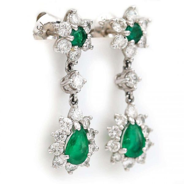 Vintage 18ct White Gold Emerald and Diamond Drop Earrings Circa 1976