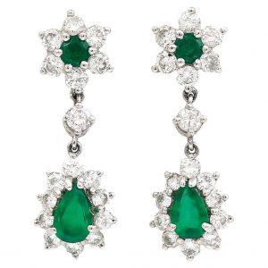 Vintage 18ct White Gold Emerald and Diamond Drop Earrings Circa 1976