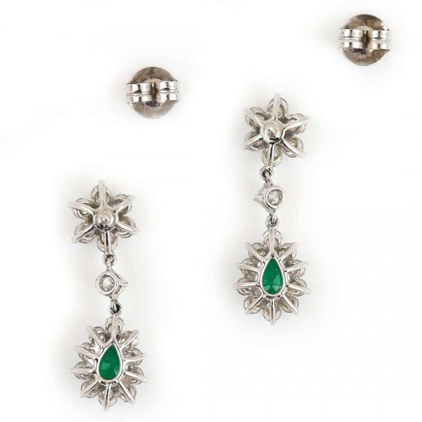 Vintage 18ct White Gold Emerald and Diamond Drop Earrings Circa 1976