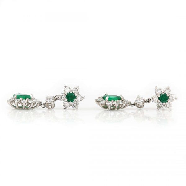 Vintage 18ct White Gold Emerald and Diamond Drop Earrings Circa 1976