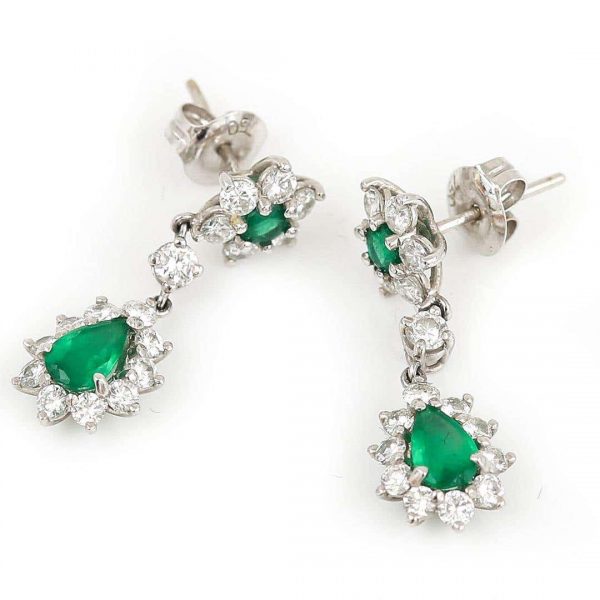 Vintage 18ct White Gold Emerald and Diamond Drop Earrings Circa 1976