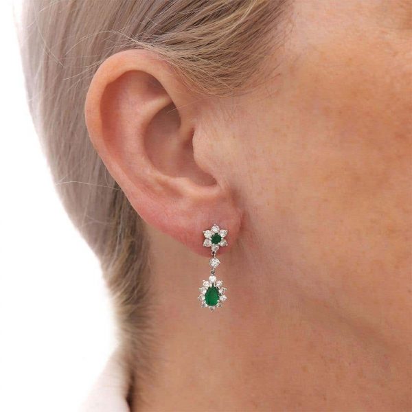 Vintage 18ct White Gold Emerald and Diamond Drop Earrings Circa 1976