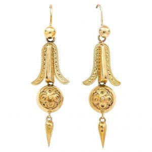 Antique Victorian Etruscan Drop Earrings Circa 1880