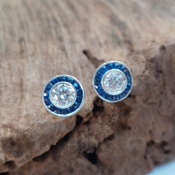 0.61ct Diamond and Calibre Sapphire Target Cluster Stud Earrings