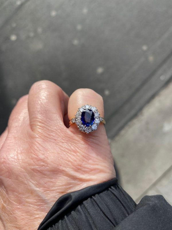 1.50ct Oval Sri Lankan Sapphire and Diamond Cluster Ring
