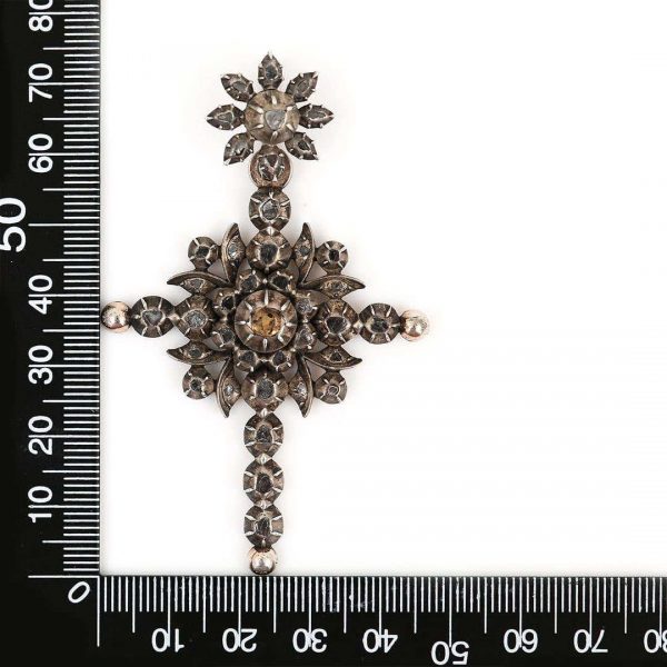 Antique 19th Century Silver Gilt Rose Cut Diamond Flemish Cross, Circa 1860