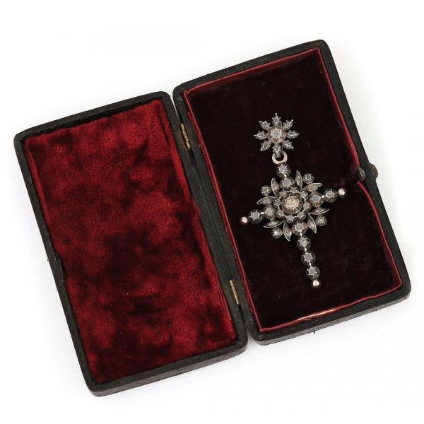 Antique 19th Century Silver Gilt Rose Cut Diamond Flemish Cross, Circa 1860