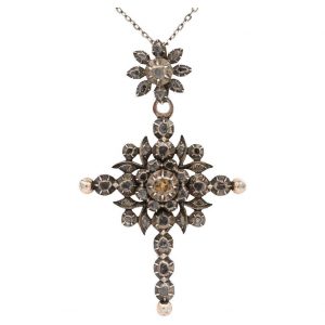 Antique 19th Century Silver Gilt Rose Cut Diamond Flemish Cross, Circa 1860