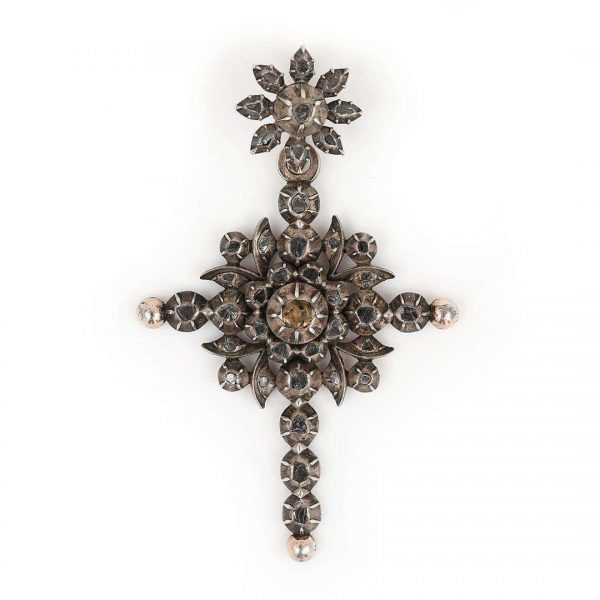 Antique 19th Century Silver Gilt Rose Cut Diamond Flemish Cross, Circa 1860