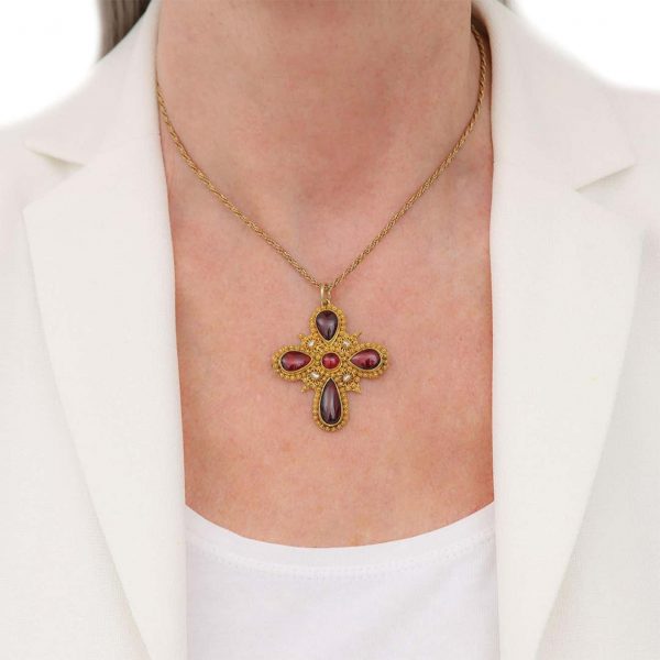 Antique Georgian 18ct Yellow Gold Cabochon Garnet and Pearl Cross Pendant Circa 1820