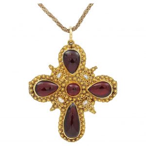 Antique Georgian 18ct Yellow Gold Cabochon Garnet and Pearl Cross Pendant Circa 1820