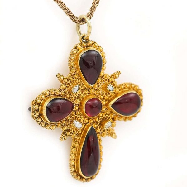 Antique Georgian 18ct Yellow Gold Cabochon Garnet and Pearl Cross Pendant Circa 1820