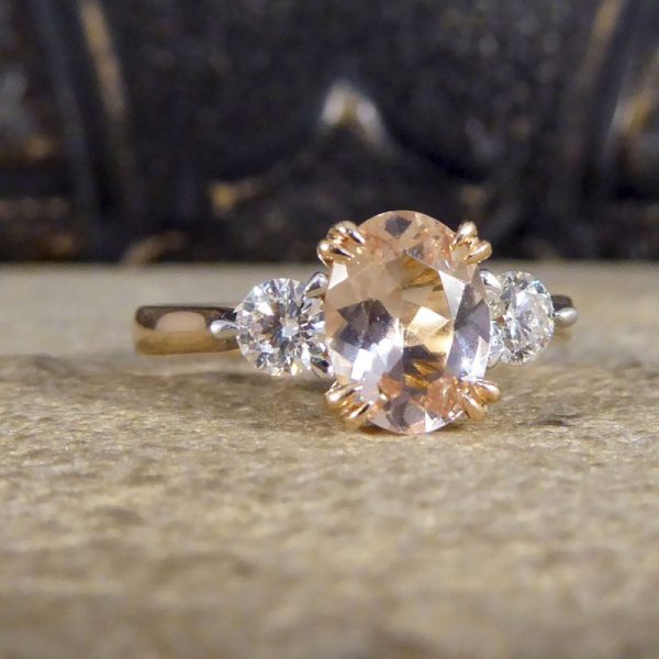 Pink Morganite and Diamond Three Stone Ring in 18ct Rose Gold