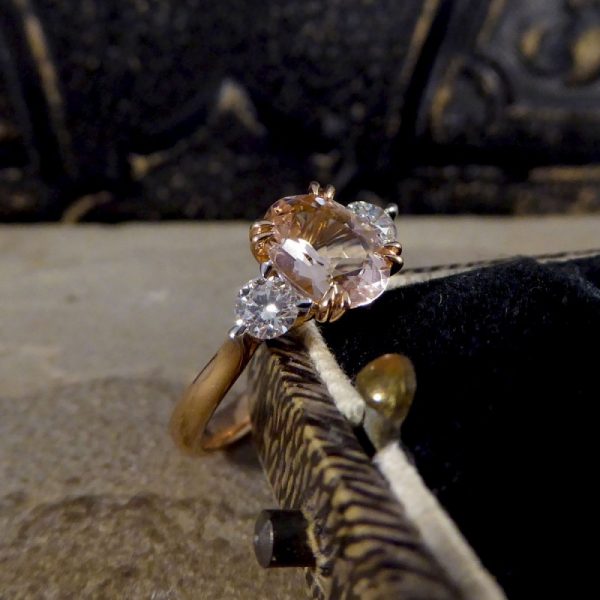 Pink Morganite and Diamond Three Stone Ring in 18ct Rose Gold