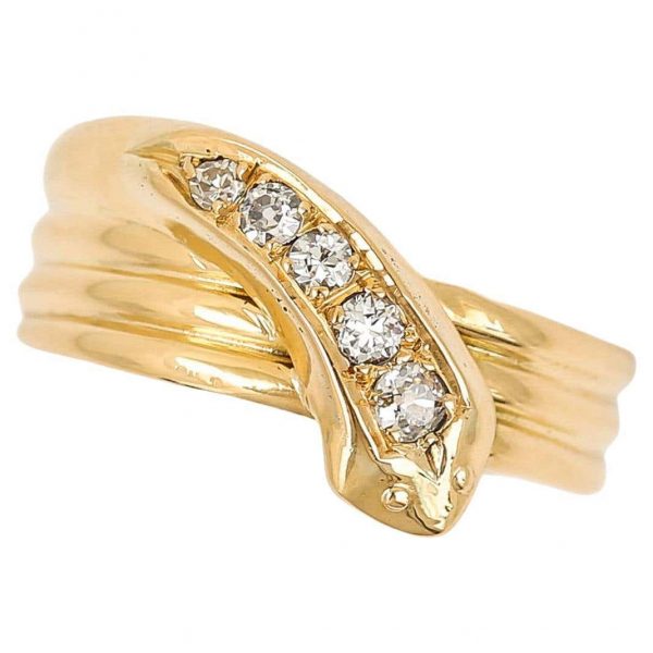 Antique Edwardian 18ct Yellow Gold Diamond Snake Ring Circa 1915