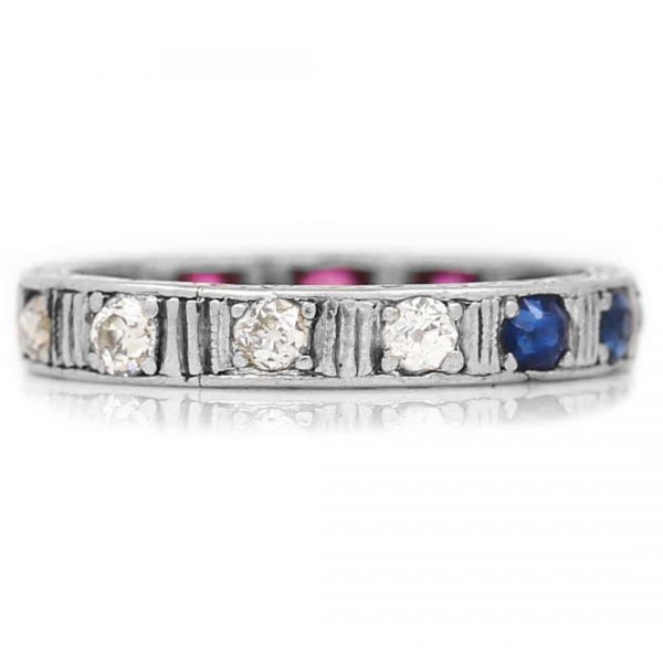 Antique Art Deco 18ct White Gold Patriotic Ruby Sapphire and Diamond Eternity Ring