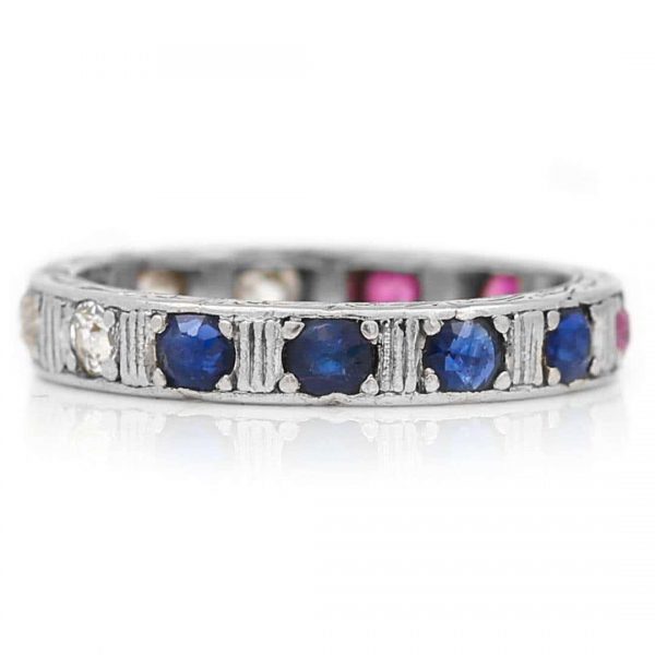 Antique Art Deco 18ct White Gold Patriotic Ruby Sapphire and Diamond Eternity Ring