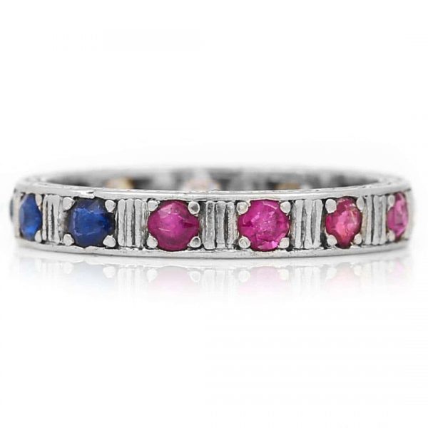 Antique Art Deco 18ct White Gold Patriotic Ruby Sapphire and Diamond Eternity Ring