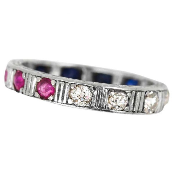 Antique Art Deco 18ct White Gold Patriotic Ruby Sapphire and Diamond Eternity Ring