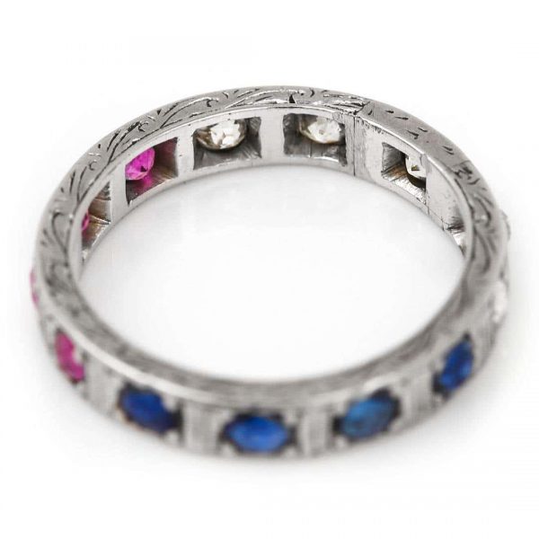 Antique Art Deco 18ct White Gold Patriotic Ruby Sapphire and Diamond Eternity Ring