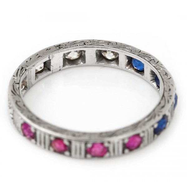 Antique Art Deco 18ct White Gold Patriotic Ruby Sapphire and Diamond Eternity Ring