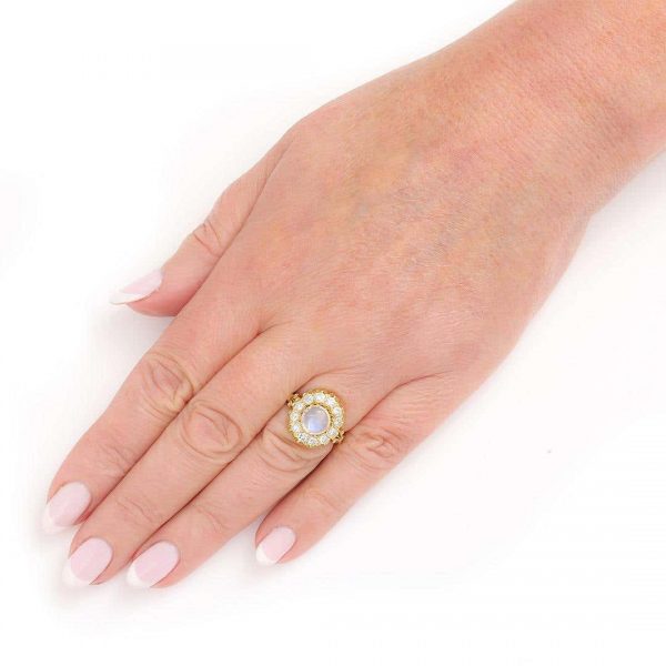 Contemporary 18ct Yellow Gold Moonstone and Diamond Cluster Ring