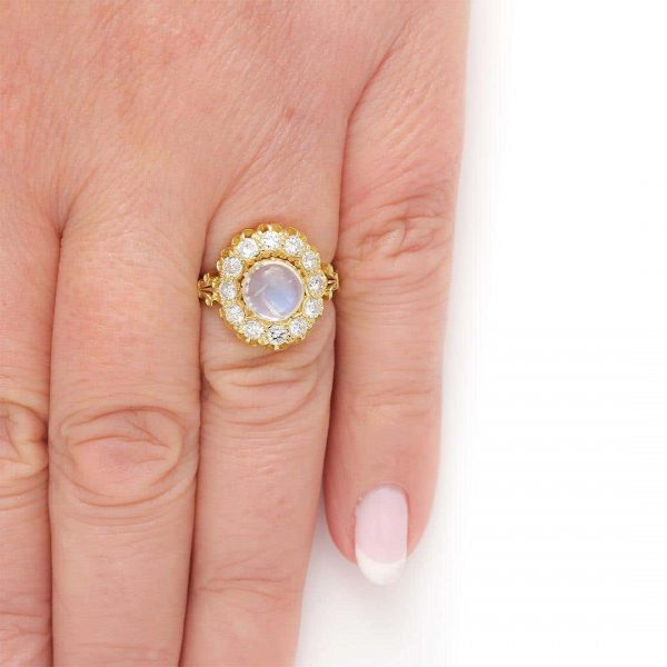 Contemporary 18ct Yellow Gold Moonstone and Diamond Cluster Ring