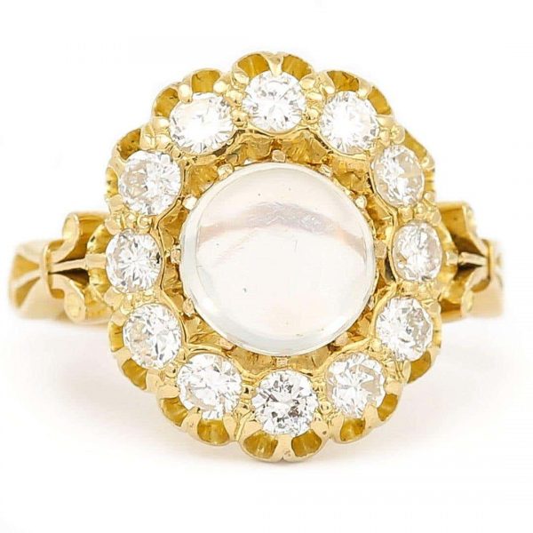 Contemporary 18ct Yellow Gold Moonstone and Diamond Cluster Ring