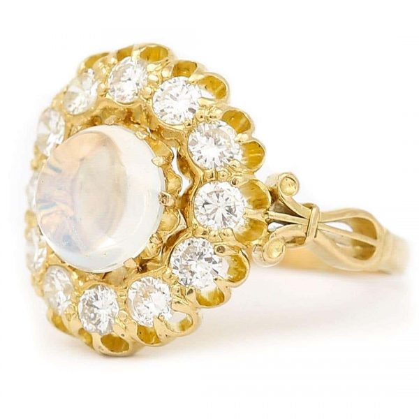 Contemporary 18ct Yellow Gold Moonstone and Diamond Cluster Ring