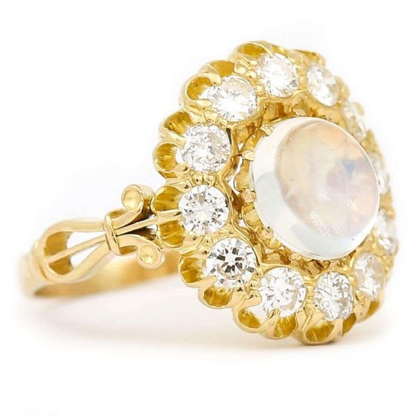 Contemporary 18ct Yellow Gold Moonstone and Diamond Cluster Ring