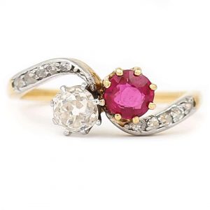 Early 20th Century 18ct Gold Ruby and Diamond Toi et Moi Ring